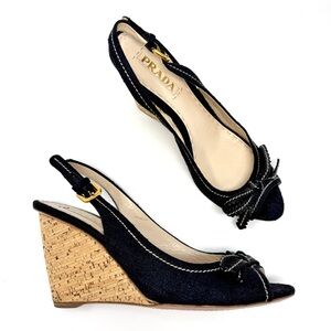 PRADA Black Denim Cork Wedge Slingback Sandals Peep Toe Bow Heels